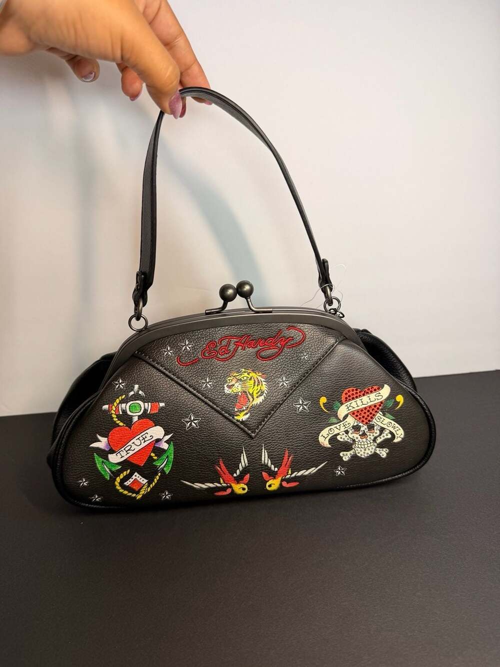 Ed Hardy Black Tattoo Flash Print Kisslock Shoulder Bag Purse